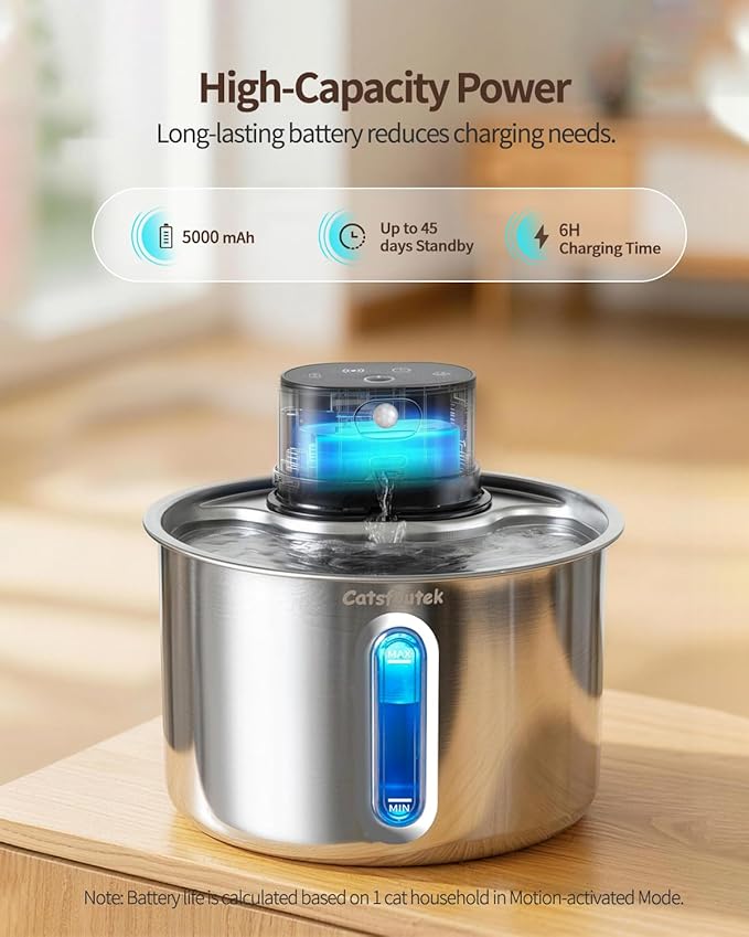 Wireless Cat Water Fountain Cordless Stainless Steel Cat Fountain Battery Operated 74oz/2.2L Rechargeable Automatic Pet Water Fountain for Cats Indoor