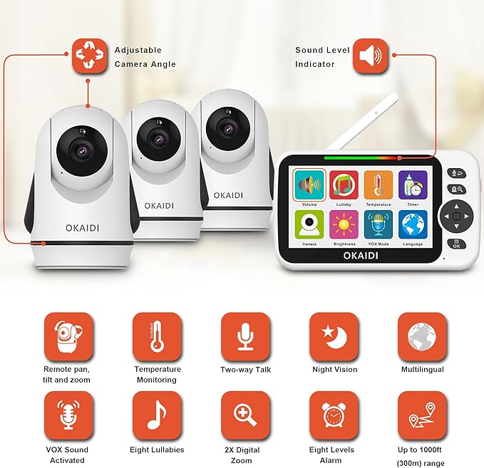OKAIDI Video Baby Monitor with 3 Cameras, 5" Display Baby Monitor No WiFi, 30H Battery and 1000ft Range, 2-Way Talk, 8 Lullabies, Remote Pan-Tilt-Zoom Baby Camera for Baby/Pet/Elderly