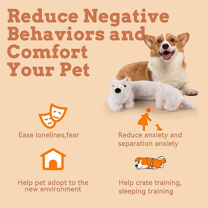 Heartbeat Toy for Dog Anxiety Relief and Calming Aid, Stuffed Animal for Puppy Sleep Aid Crate Training, Comfort Toy for Puppy Essential, White