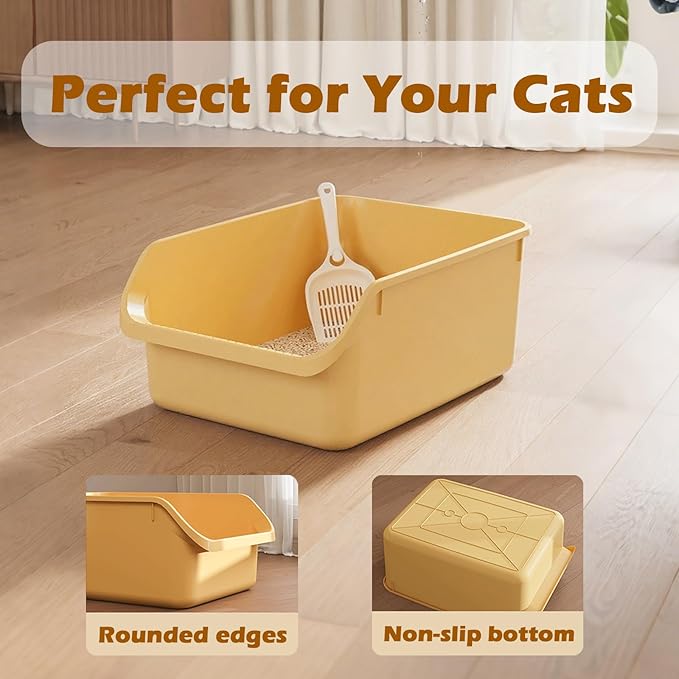 Large Cat Litter Box with High Sides,Cat Boxes for Indoor Cats,Cat Litter Pan for Kitty,Litter Box with Low Entry,Anti-Splashing,Easy to Clean (Cream White)