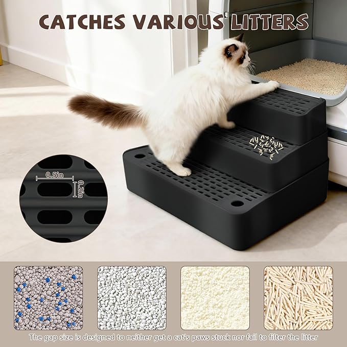 Adjustable 3 Steps Cat Ramp for Litter Box, Detachable Cat Pedal Step Stool with Filter Function, Double Layered Cats Litter Trapper, Suitable for Small&Elderly Cats, Non-Slip(Black)
