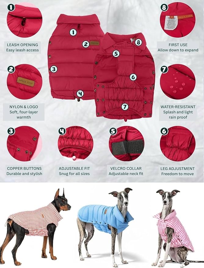 SPACE LION Dog Puffer Jacket, Down Winter Coat, Durable Outdoor Coat for Cold and Windy Conditions, Lightweight & Adjustable Fit Coats for Small Dogs, (Red, Size10/S)