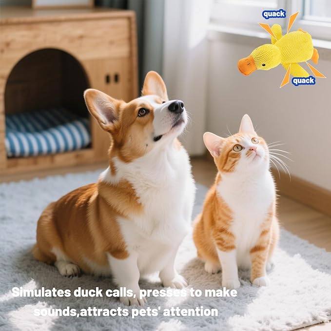 Calming Plush Duck Toy for Dogs & Cats - Interactive Squeaky Chew Toy with Realistic Quacking Sounds for Anxiety Relief - Soft Pet Comfort Toy for Indoor/Outdoor Play, Pet Use Only (Yellow, Large)