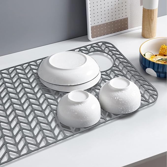 AWOKE Sink Protectors for Kitchen Sink,Kitchen Sink Protector Mat - 28.6" x 14.5" Heat-Resistant Silicone Folding Non-Slip Mat for Stainless Steel Sink with Right Drain (Grey)