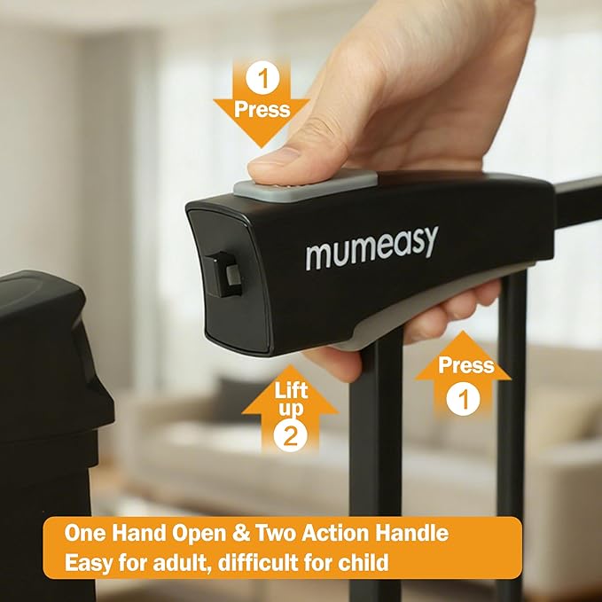 Mumeasy Baby Gate for Stairs - 29.6-46" Auto Close Dog Gate for Doorways, Extra Wide Child Gate Indoor, Walking Through Safety Gate for Kid, Pet Gates No Drilling Black, Mom's Choice Awards Winner