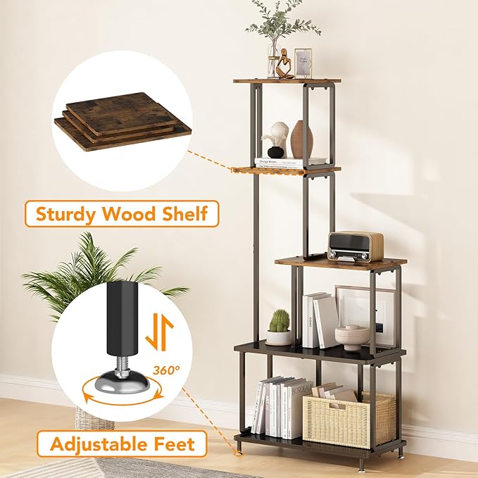 GILLAS 5 Tier Corner Shelf Stand, Freestanding Corner Shelf Corner Bookshelf, Corner Table with Shelf, Tall Storage Organizer Rack for Living Room, Bedroom, Office. Small Space