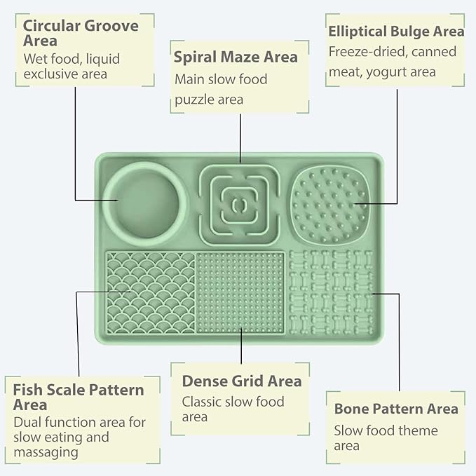Licking Pad Mats 6 in 1 Green for Butter Yogurt Peanut Frozen Food, Dog Slow Feeder Puzzle Bowl, Silicone Anti-Slip Pets Treats Feeding Mat, Collapsible Dog Water Bowl