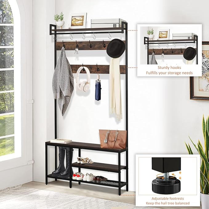 Coat Rack with Shoe Storage, 5 in 1 Entryway Furniture, Hall Tree with Bench and Shoe Storage, Coat Rack Freestanding with 14 Hooks and a Hanging Rod