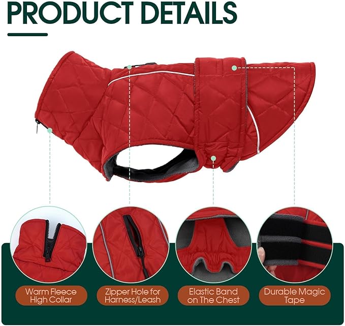 Kuoser Dog Coat, Super-Warm Dog Jacket Windproof Pet Cold Weather Coats for Extra Large Dogs, Fleece Lining Quilted Turtleneck Puppy Snowsuit Reflective Adjustable Doggie Winter Clothes, Red, 2XL