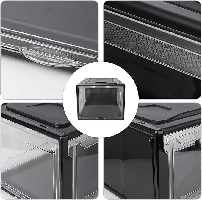 PRETYZOOM Large Sneaker Shoe Box with Flip Lid and Black Snap Closure Stackable Drawer-style Storage Container for Men and Women’s Shoes for Entryway and Closet