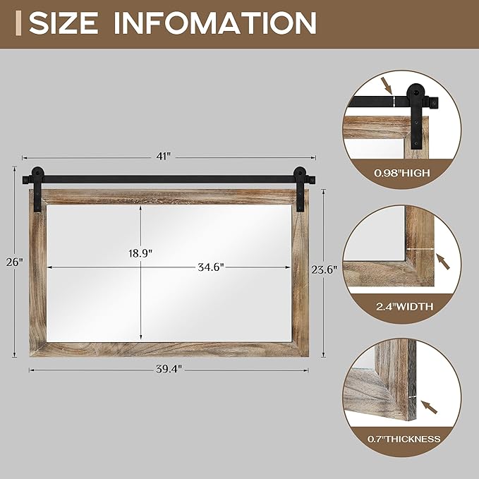 COGOOD Farmhouse Barn Door Mirror - 41" x 26" Rustic Wood Framed Wall Mirror for Bathroom, Living Room, Entryway Wall Decor (Striped Brown)