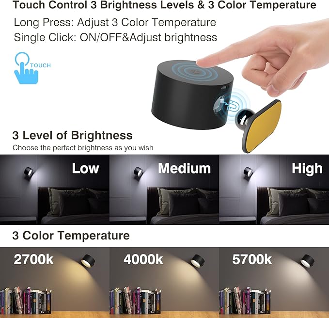 Led Wall Sconces, Wall Lamps with Battery Operated, Wall Mounted Cordless Lights with 3 Color Temperature&3 Brightness, 360° Magnetic Ball, USB Charging Port for Reading Study Bedside
