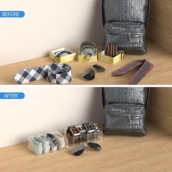 Belt Organizer, Acrylic Belt Storage Holder for The Closet and Drawer, 4 Compartments Belt Container Clear Display Case for Tie and Bow Tie