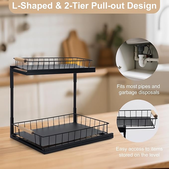 Under Sink Organizer, 2-Tier Pull-Out Cabinet Storage Shelf, Multi-Purpose Storage Racks, Metal Slide Out Drawer for Kitchen Bathroom Pantry Laundry Bedroom Closet, Black