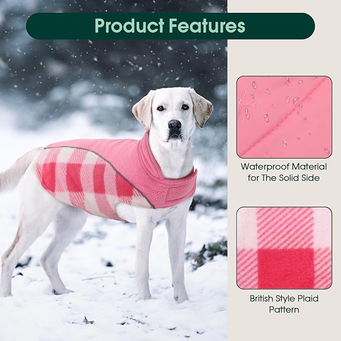 Kuoser Dog Winter Coat, Reversible Waterproof Dog Jacket with Reflective Strip, Warm Dogs Fleece Vest Adjustable Doggy Cold Weather Clothes Plaid Christmas Outfit Pet Apparel for Large Dogs, Pink L