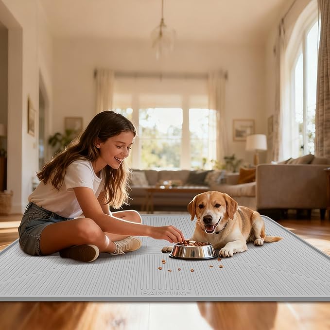 Lorvain Dog Food Mat, 45" x 30" Silicone Pet Feeding Mat with Raised Edges, Extra Large Pet Placemat for Dog Cat Food and Water Bowl Non-Slip, Easy to Clean, Waterproof & Floor Protection, Grey