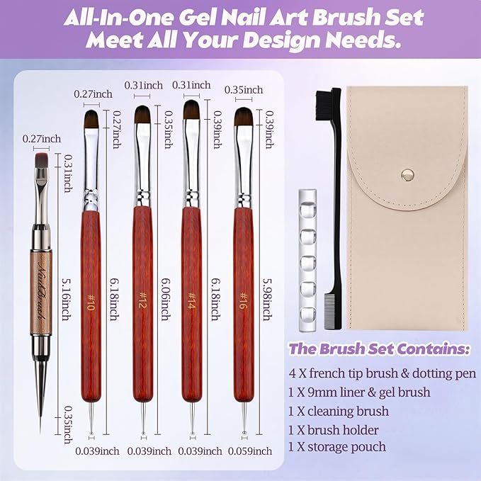 Gel Nail Art Brushes Set: 7Pcs Dense French Tip Brush With Liner Dotting Pen - Manicure Tools For Acrylic Builder Gel Polish Application Clean Up & Designs - Salon Home DIY Nail Artist