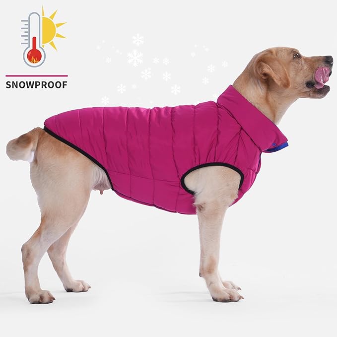 LovinPet Reversible Dog Puffer Coat for Medium & Large Dogs, Down‑Insulated Winter Jacket, Water‑Resistant & Wind‑Resistant, Anti‑Static, Dual-Sided Blue & Red for Cold Weather, L