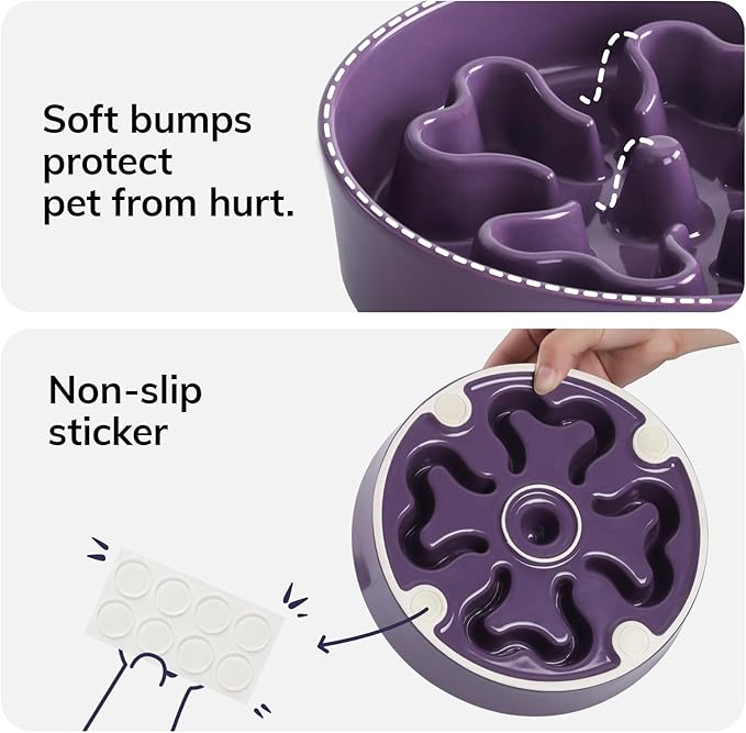 Slow Feeder,Ceramic-Slow Feeder Dog Bowls Medium Breed,Puzzle Food Bowl Maze,2.5 Cups Slow Feed Dog Bowl for Medium Dogs,Purple