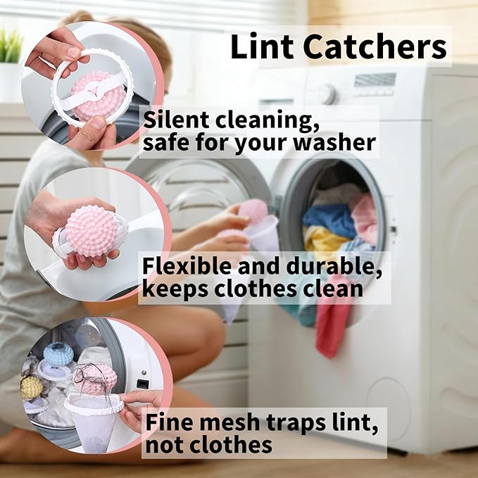 Pink Foldable Mesh Pop Up Laundry Hamper Set with Washing Machine Pet Hair Catcher, Lint Remover & Self-Adhesive Bow Hooks – Breathable and Space-Saving Design for Balcony Laundry Room Organization