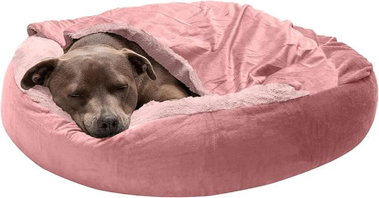 Furhaven 27" Round Calming Donut Dog Bed for Medium/Small Dogs, Washable, For Dogs Up to 45 lbs - Plush Velvet Waves Hooded Donut Bed - Rose Pink, Medium