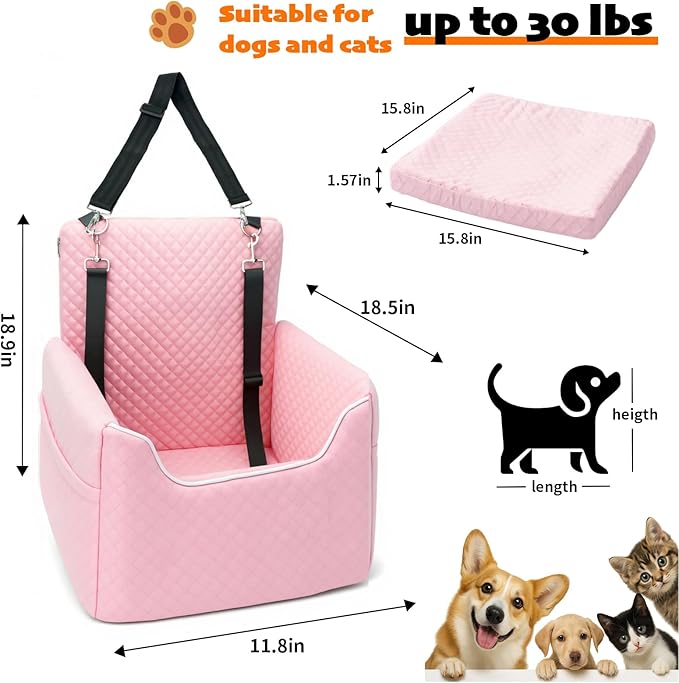 ALL GOOD PET SUPPLIES Dog Car Seat for Small/Medium Dogs, Dog Booster car seat, Memory Foam Elevated Cushion, Fully Detachable and Washable,2 Clip-On Safety Leashes, Anti-Slip