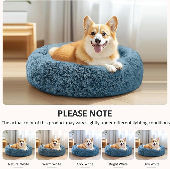 Calming Donut Dog Bed — Large 36", Anti-Anxiety Faux Fur, Washable (Blue)