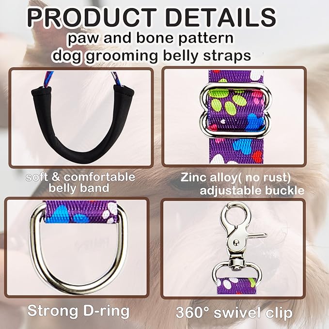 Dog Grooming Belly Straps – Adjustable Grooming Loops with Cute Paw & Bone Pattern – Pet Grooming Belly Support Band Table Accessories for Small to Large Dogs(Green)