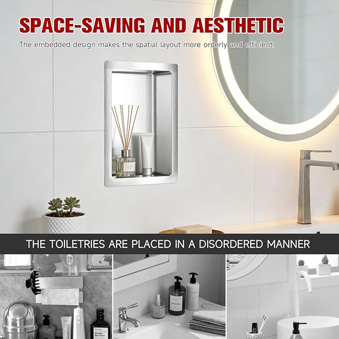 No Tile Needed Shower Niche 13"X 19", Bathroom Wall Niche Single Shelf, Stainless Steel Shower Niche for Bathroom, Kitchens, Balconies