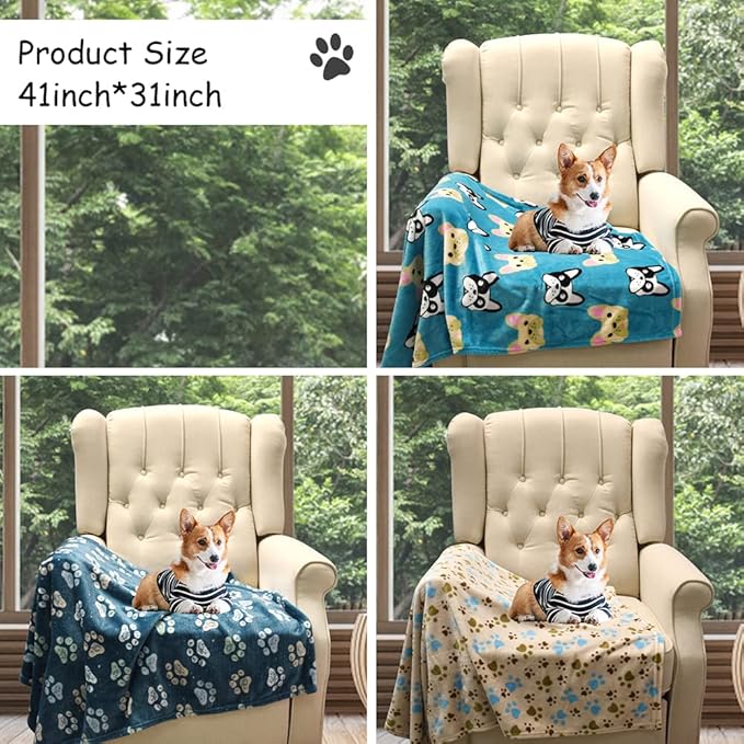 Rezutan 1 Pack 3 Blankets for Dogs, Dog Blanket for Large & Medium Pet Cat, Premium Soft Fluffy Suitable for Dog Kennels & Beds, Sofas, Gifts Puppy Essentials, 41x31inch, Gray/Blue/Beige