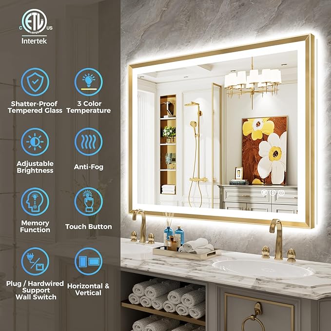 48x40 Gold Framed LED Bathroom Mirror with Lights, Backlit and Front Light, Lighted Bathroom Vanity Mirror for Wall Dimmable Anti-Fog Memory Tempered Glass Horizontal/Vertical