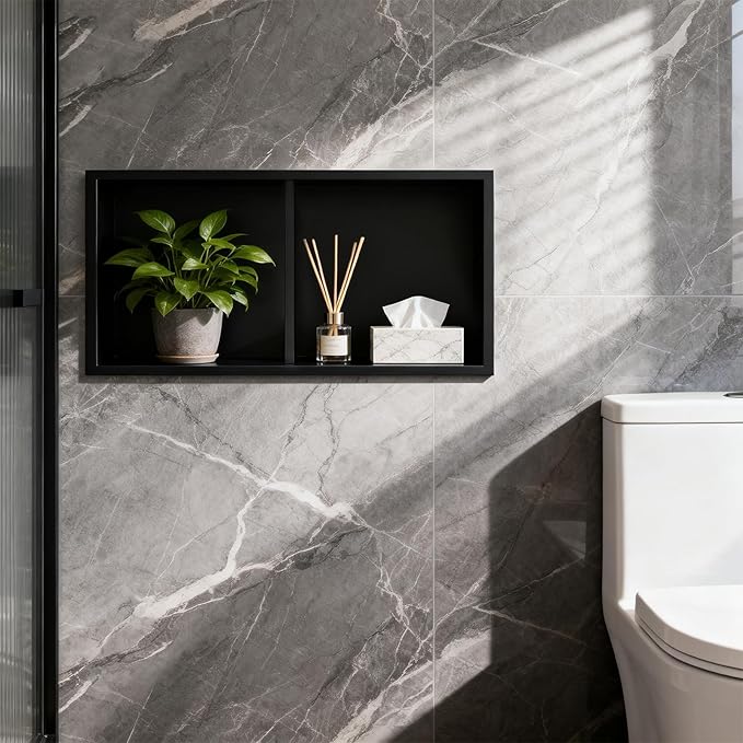 EasyVibe Matte Black 304 Stainless Steel Shower Niche 24 x 12 Inch, No Tile Needed Double Shelf Recessed Shower Wall Insert, Waterproof Bathroom Organizer for Toiletries & Storage