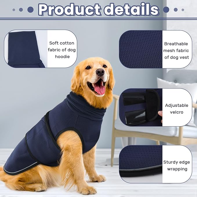 IDOMIK Dog Anxiety Calming Hoodie - Breathable Dog Anxiety Jacket Vest for Thunderstorms, Fireworks, Vet Visits, Separation - Adjustable Noise Block & Ear Protection Recovery - Blue, M