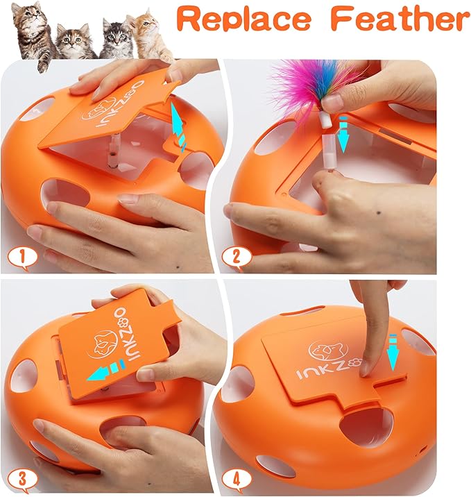 Cat Toys, Interactive Cat Toys for Indoor Cats, Ultra Fun Smart Interactive Kitten Toy, Automatic 7 Holes Mice Whack-A-Mole， USB Rechargeable, 4 Pieces Feather Refills (Orange)