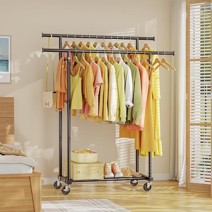 Double Rods Clothes Rack, Rolling Clothing Rack for Hanging Clothes Portable Wardrobe Rack, Metal Garment Rack Sturdy Coat Rack for Bedroom Laundry Living Room, Black