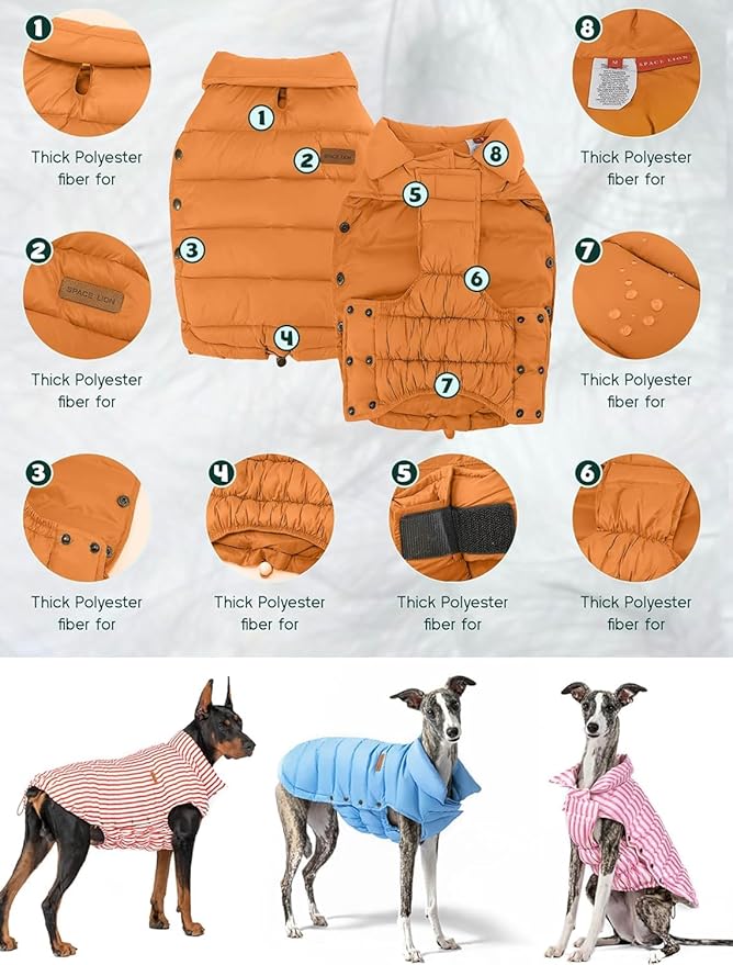 SPACE LION Dog Puffer Jacket, Down Winter Coat, Durable Outdoor Coat for Cold and Windy Conditions, Lightweight & Adjustable Fit Coats for Large Dogs,(Orange, Size24/2XL)