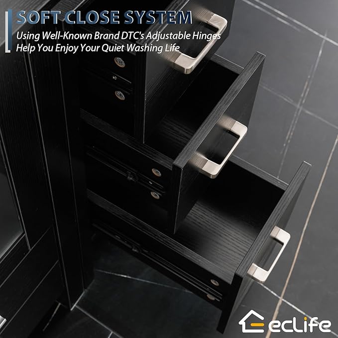 eclife 84" Modern Bathroom Vanity Sink Combo Freestanding Cabinet with Small Side Cabinet, Brown Round Glass Vessel Sink, Water Save Faucet, Drain (Black+A09)