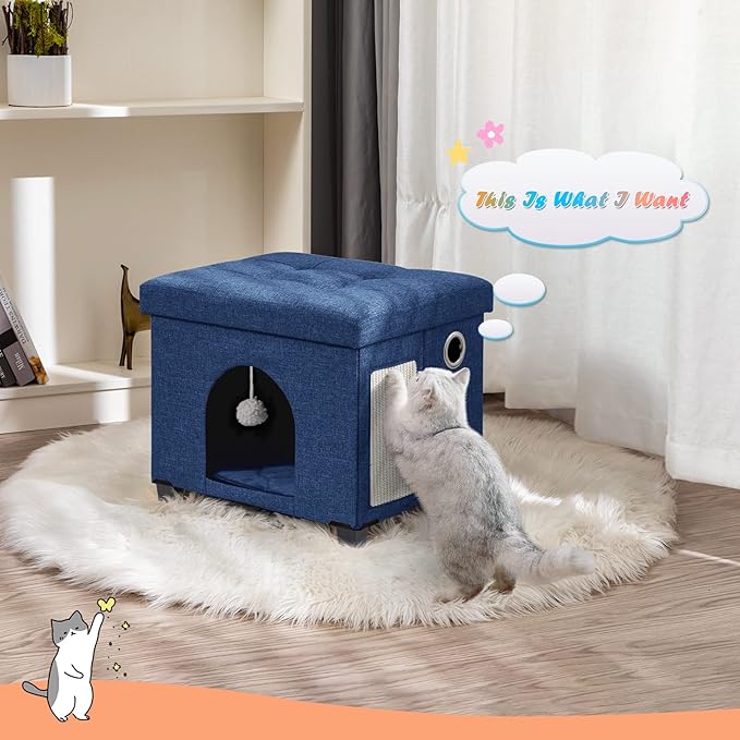 BRIAN & DANY Foldable Cat House, Cat Cave, Cat Cube with Scratch Board & Ball, 14.7" x 14.1” x 12.7”, Blue