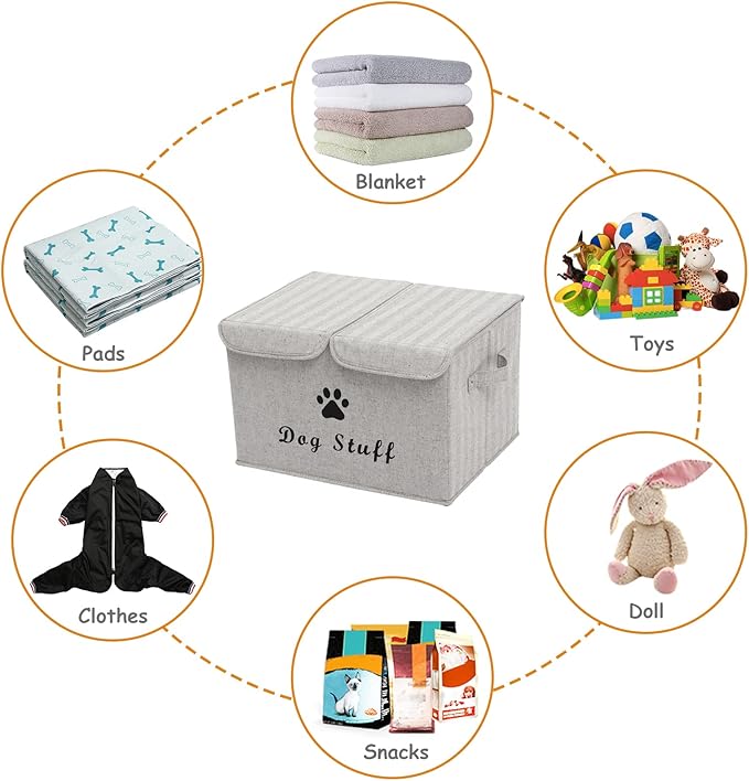 Geyecete Large Storage Boxes - Large Linen Fabric Foldable Storage Cubes Bin Box Containers with Lid and Handles for Dog Apparel & Accessories, Dog Toys, (Striped Gray)