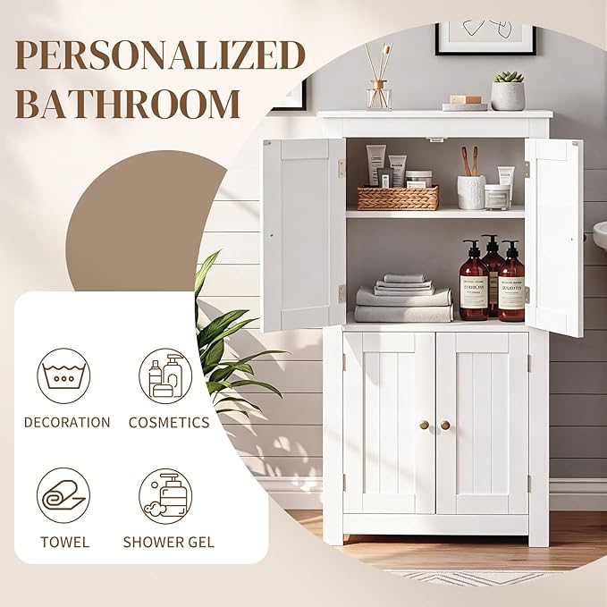 Karl home White Floor Storage Cabinet, Freestanding Storage Unit with 4 Doors, Thin Toilet Organizer for Small Spaces，for Entryway, Bathroom