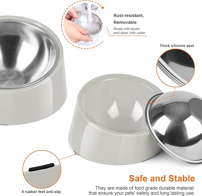 Tilted Dog Bowl Non-Slip & Non-Spill Pet Feeder with Elevated Detachable Melamine Stand, Easy to Get Food Dog Dish, S/100ml Gray