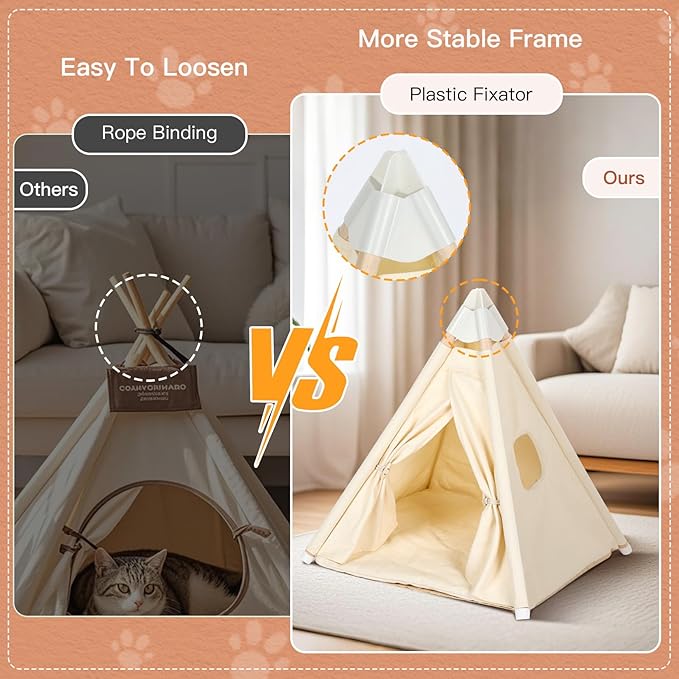 Bunny & Tiny Cat & Tiny Dog Teepee Tent House (Int 16x16x16in/Ext 18x18x21in) for Mini Chihuahua, Yorkie, Maltese, Puppy, Rabbit, Kitty Kitten, Guinea Pig, Chinchilla, Cotton Canvas & Stable Frame