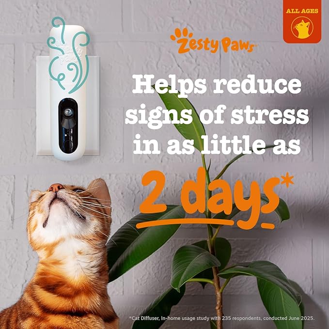 Zesty Paws Cat Pheromones Calming Diffuser Plug-in Starter Kit – Cat Calming Diffuser for Stress, Urine Spraying, Scratching, Excessive Grooming & Aggression – 1 Refill