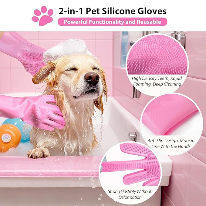 4-in-1 Pet Grooming Kit for Dogs & Cats | Dog Washing Gloves, Dog Bath Brush, Finger Toothbrush for Shedding, Teeth Cleaning & Bathing (4 Pack, Pink)