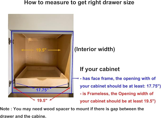 Couver Pull Out Drawers For Cabinets, 19.5"W x 21.25"D X 4"H Soft Close Slide Out Wood Shelves Storage Organizer for Kitchen, Finished, Heavy-Duty, Bottom Assembly