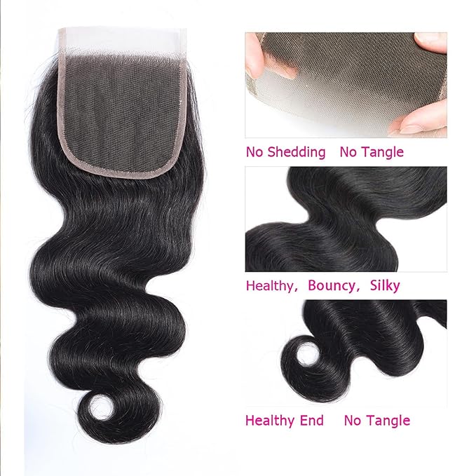 Selina Brazilian Body Wave 3 Bundles Human Hair 8 8 8 Inch with Straight Lace Closure 8 Inch Human Hair 100% Unprocessed Virgin Hair Natural Black(8 8 8 Bundle + 8" Closure）