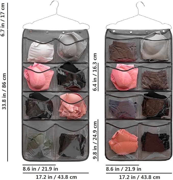 Dual Sided Hanging Closet Organizer Durable Socks Stocking Clothes Bra Accessories Storage Bag With 16 Large Pockets (Clear PVC Pockets)