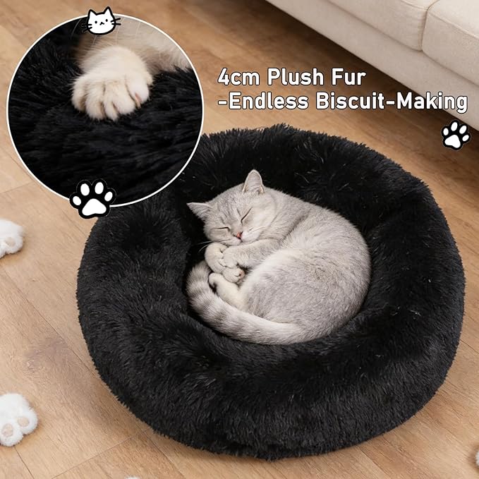 Calming Donut Dog Beds Large Sized Dog - Washable Removable Cover Non-Slip, Round Pet Bed Warming Fluffy Plush Faux Fur Anti-Anxiety Thick Cushion, Fits up to 80 lbs (Black, 36")