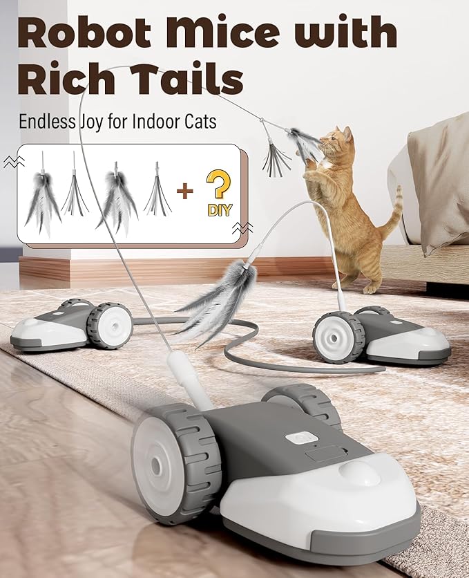 CYROS 3-in-1 Interactive Cat Toy - 2-Speed Automatic Moving Mouse Cat Toys Self Play with 2pcs Hanging Feather String Ribbon and Wiggly Silicone Mice Tail for Bored Indoor Adult Cats Kittens