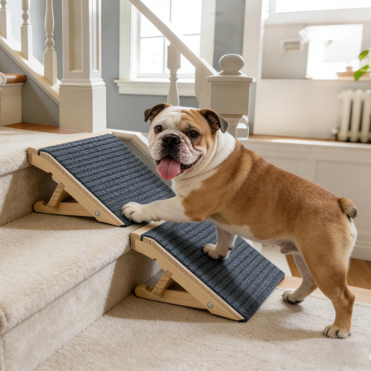 Adjustable Dog Ramp for Stairs, 2-Height Foldable Wooden - Image 1